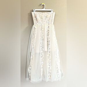 Cream Tulle Midi Strapless Dress